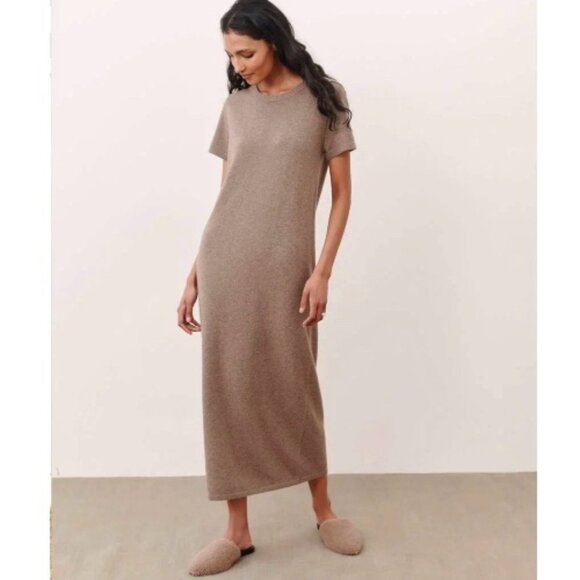 JENNI KAYNE Wool & Cashmere Sweater Maxi Dress Sz S Tan Short Sleeve Minimalist - Picture 1 of 12